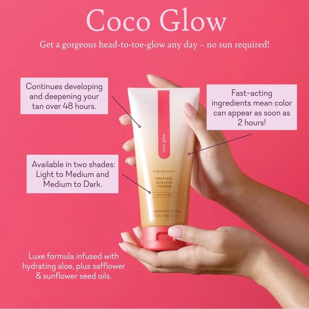 ☀️ Coco Glow Light to Medium Sunless Tanner Pure Romancė